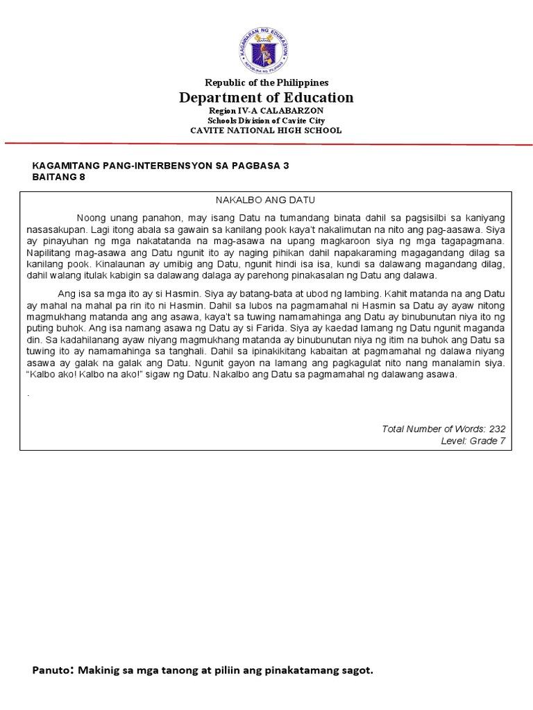 G8 - Reading Intervention Material NAKALBO ANG DATU 3 | PDF