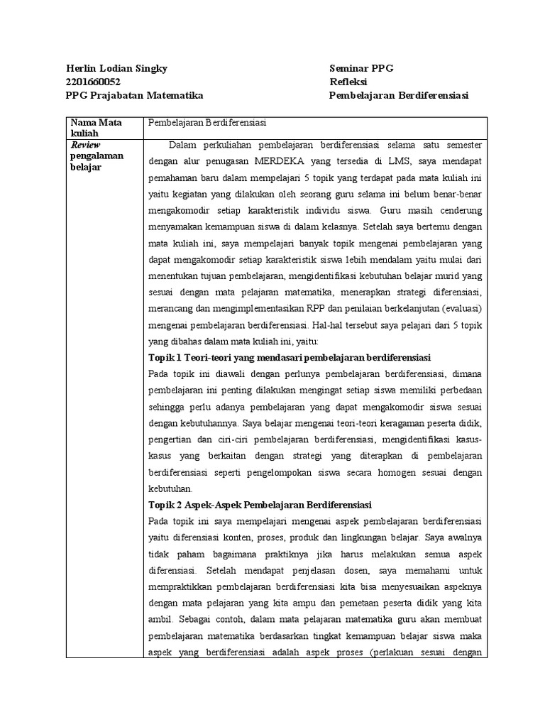 Jurnal refleksi pembelajaran berdiferensiasi pdf