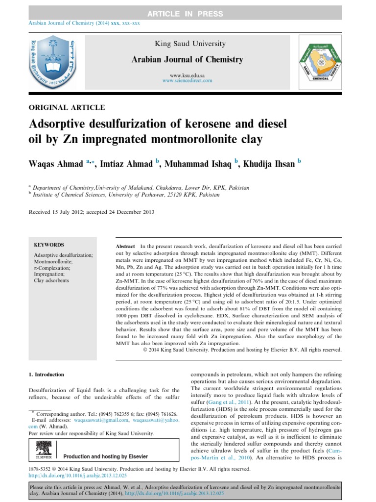 Zn-Montmorillonite Clay for Fuel Desulfurization | PDF | Adsorption ...