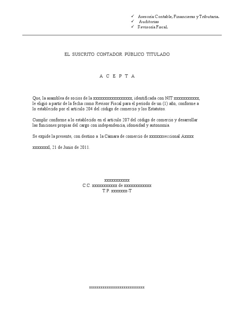 Modelo de Aceptacion Del Cargo de Revisor Fiscal | PDF