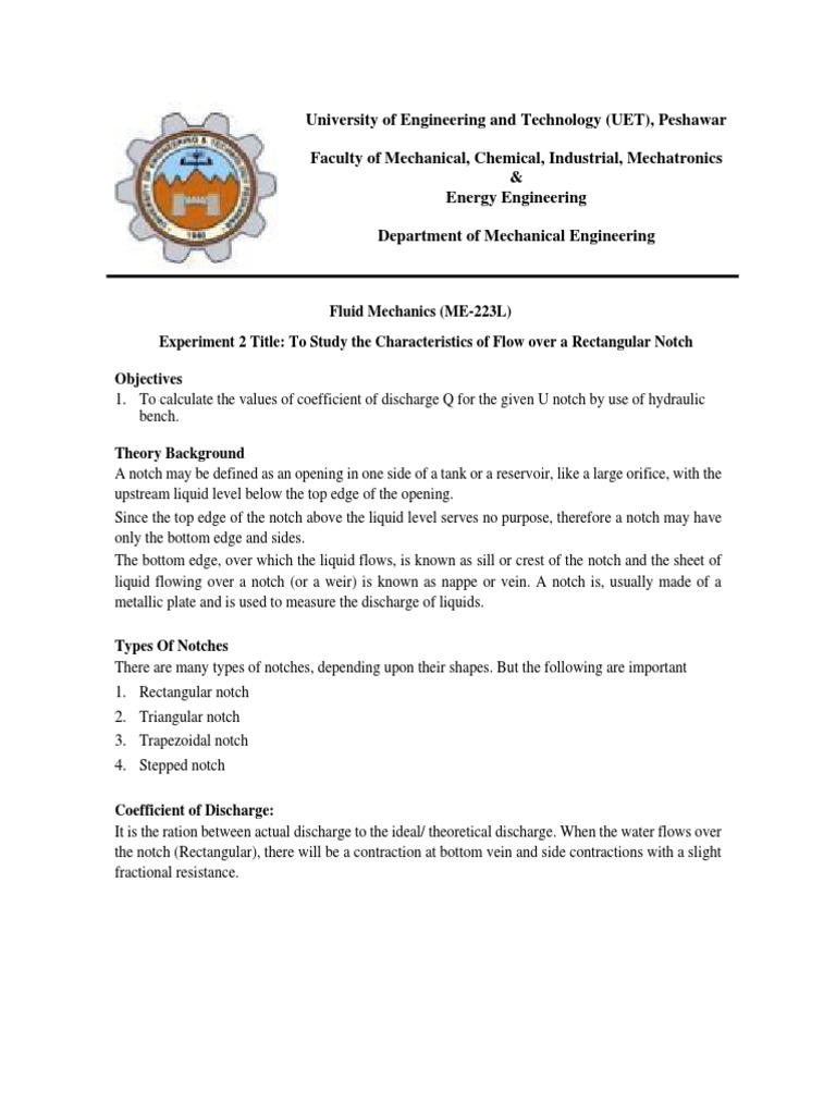 Lab Manual 2 Rectangular And Triangular Notches Pdf Gases