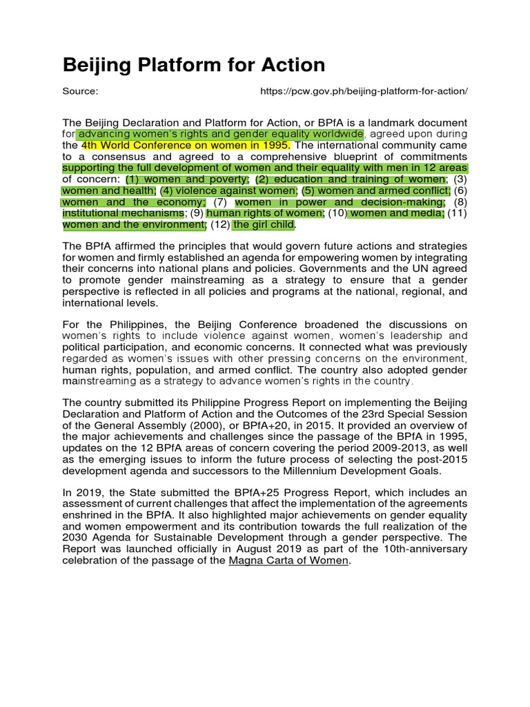Beijing Platform For Action Pdf Pdf Egalitarianism Gender Equality