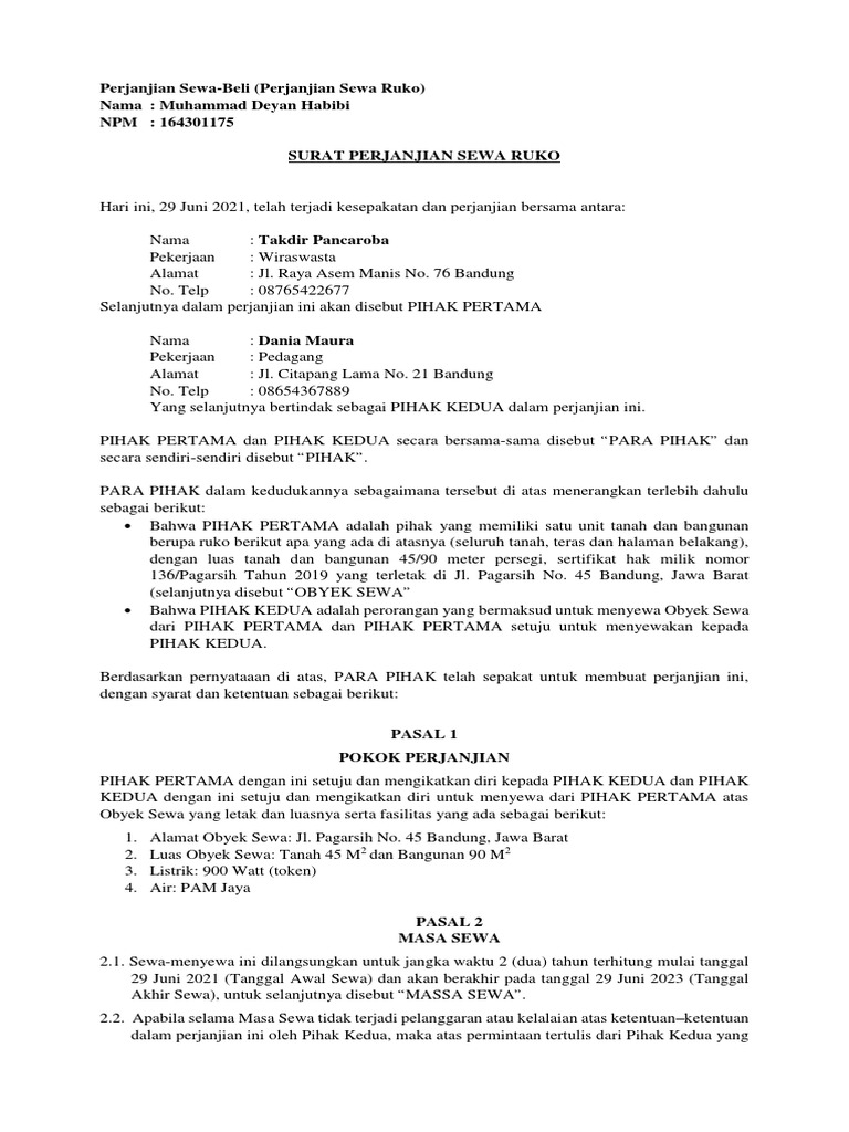 Perjanjian Sewa Ruko Bandung 2021 | PDF