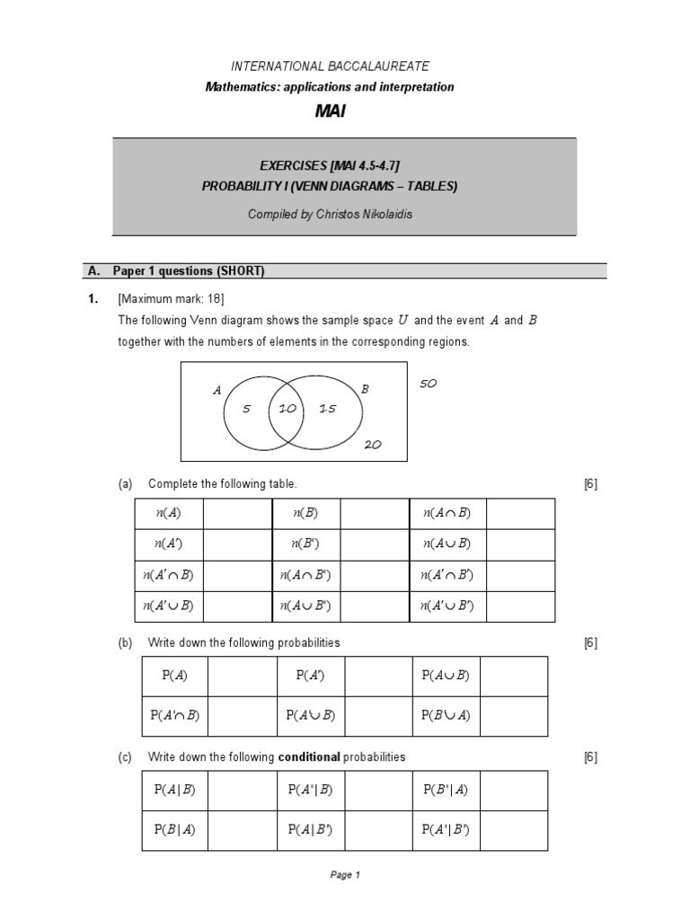Venn Diagram Probability Exercises | PDF | Mathematics