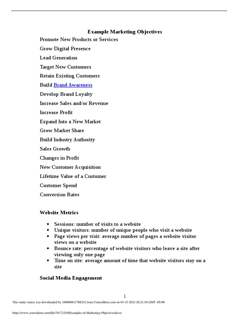 Marketing Objectives and Examples | PDF | Customer Relationship ...