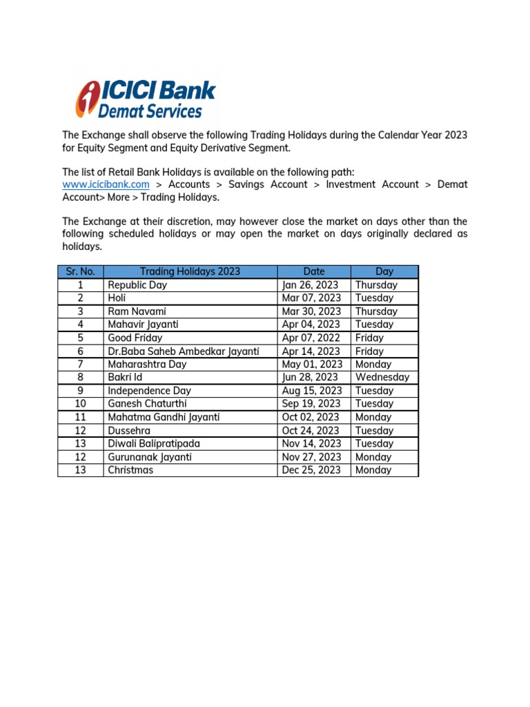 Trading Holiday Calendar PDF