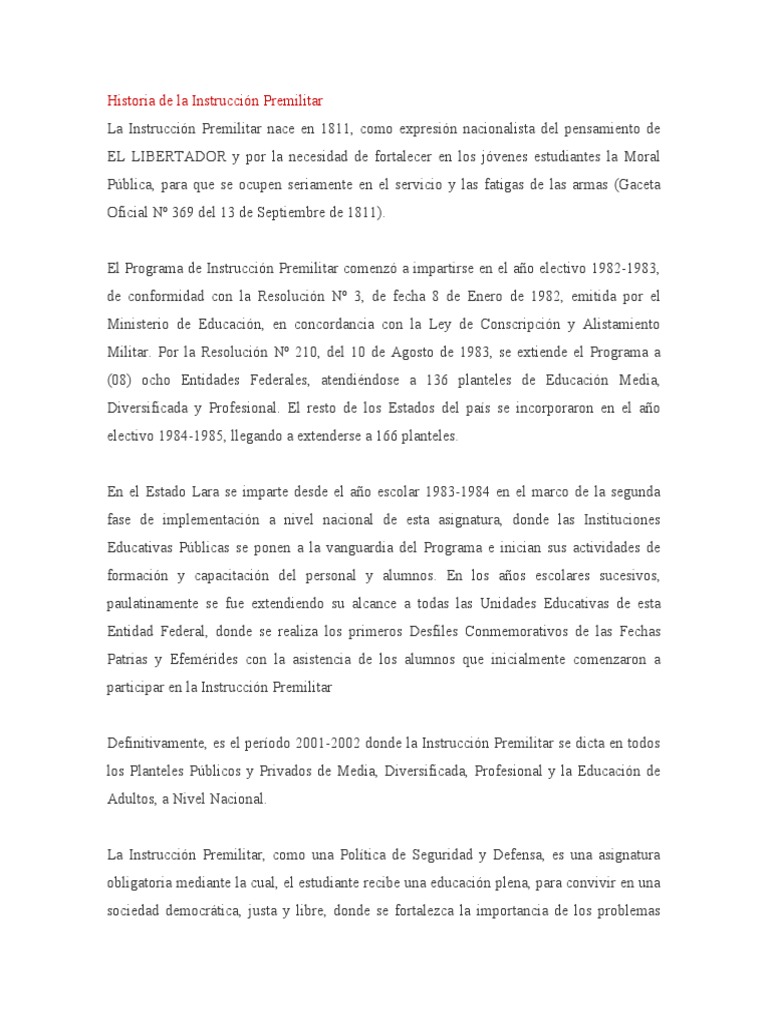 Historia de La Instrucción Premilitar | PDF