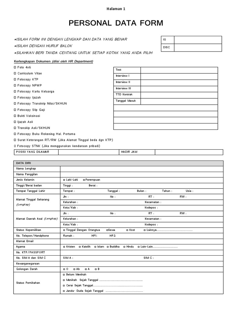 PERSONAL DATA FORM PDF