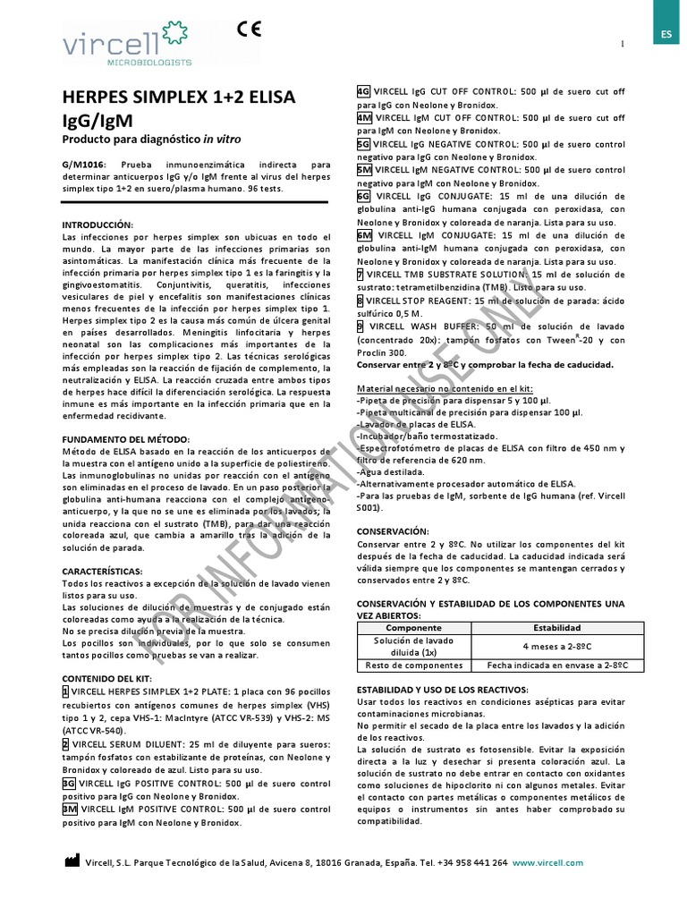 HERPES SIMPLEX 1+2 ELISA IgGIgM GM1016 ES PDF Elisa Anticuerpo