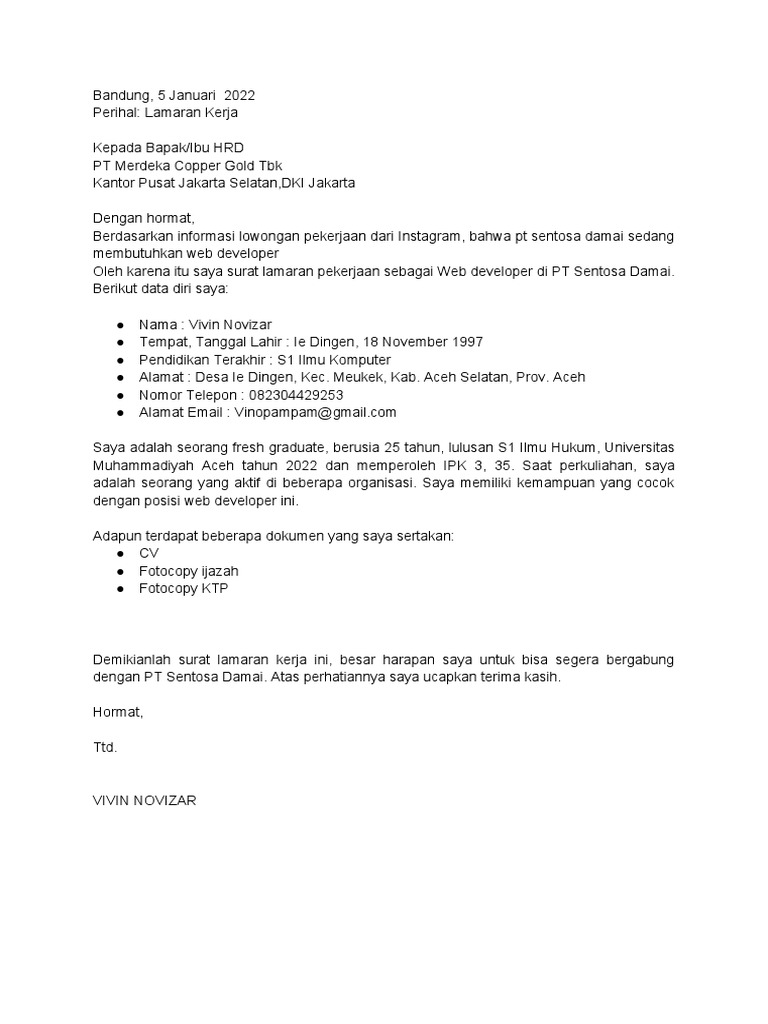 Contoh Surat Lamaran Kerja Untuk Fresh Graduate Pdf