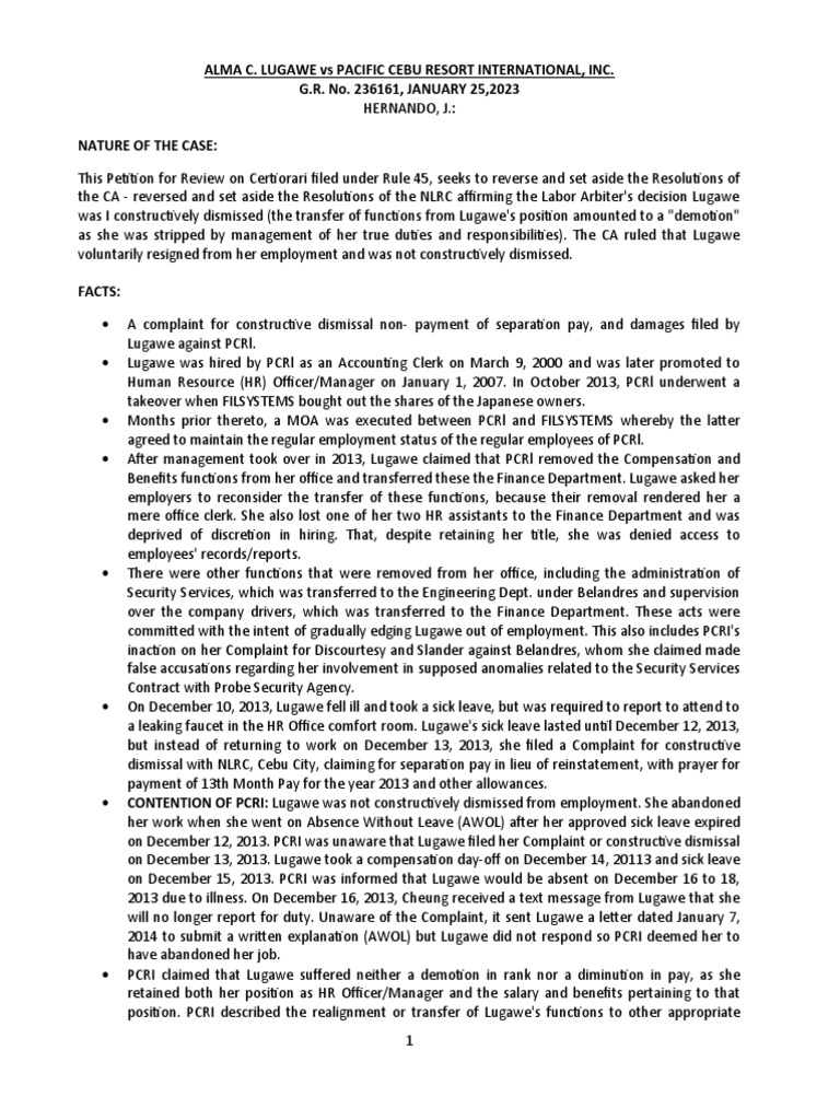 Lugawe vs pacific cebu resort g r no 236161 january 25 2023 pdf