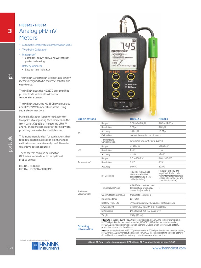 Hi83141 PH Meter Analog PDF Ph Calibration
