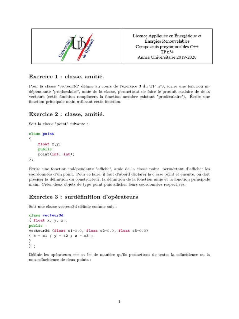 Exercices sur les classes et opérateurs en C++ | PDF