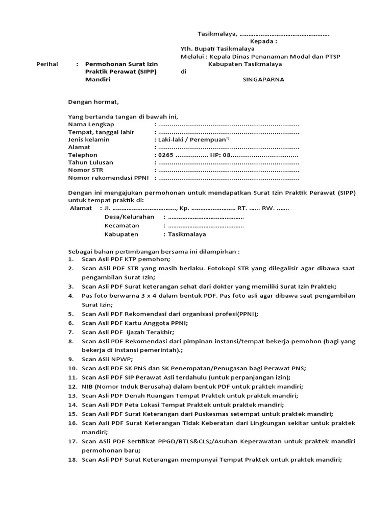 Form Permohonan SIP Perawat | PDF | Bisnis | Hukum