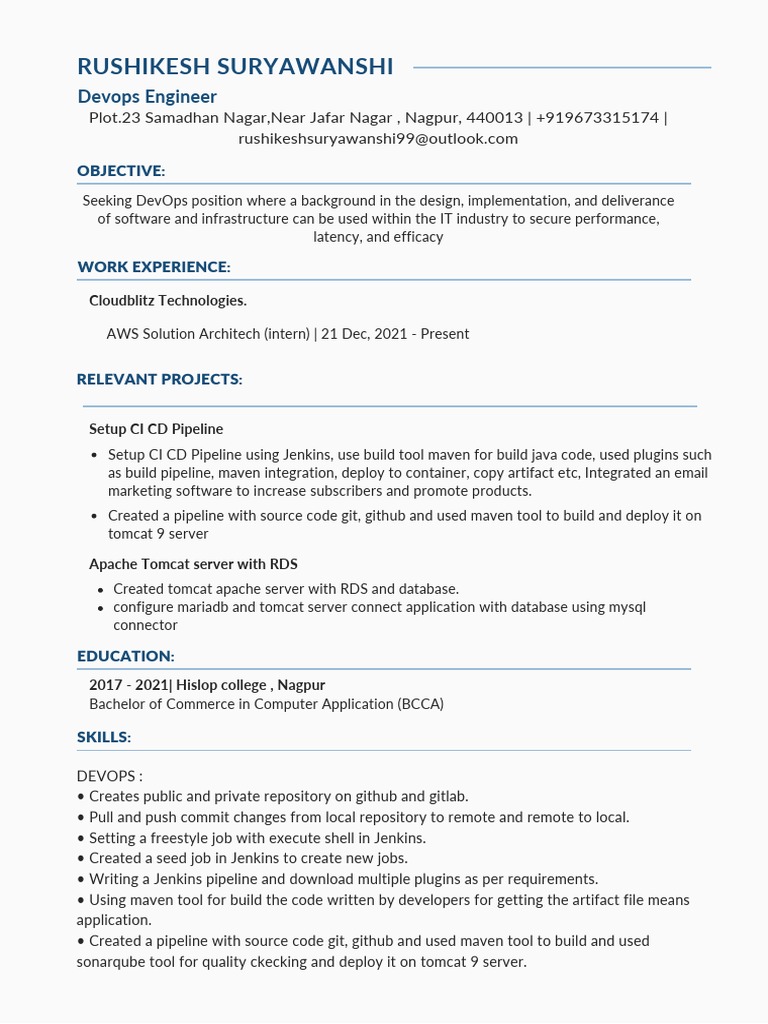 DevOps Engineer Resume: Rushikesh Suryawanshi | PDF | Operating System ...