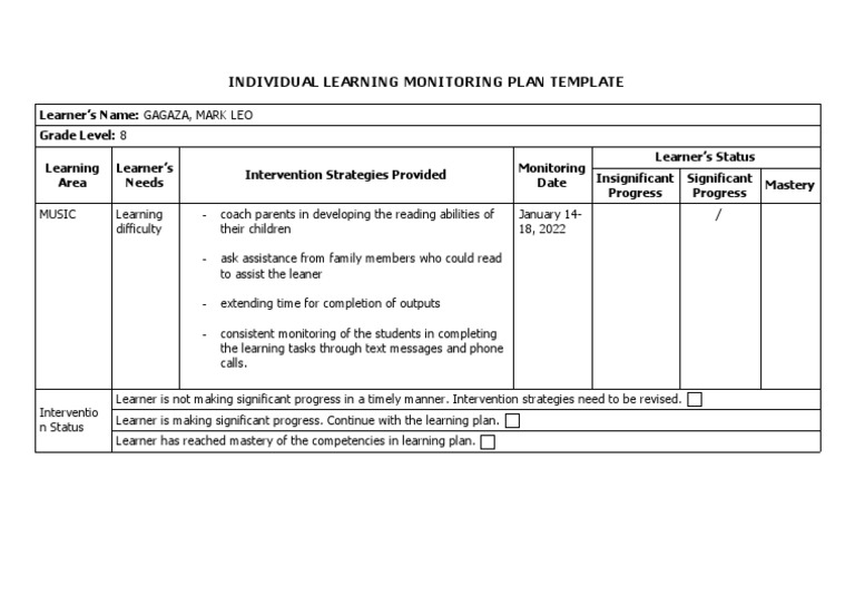 Individual Learning Monitoring Plan Template PDF