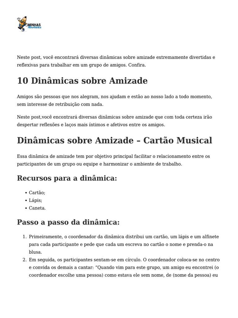 10 Dinâmicas Sobre Amizade | PDF | Amizade | Família
