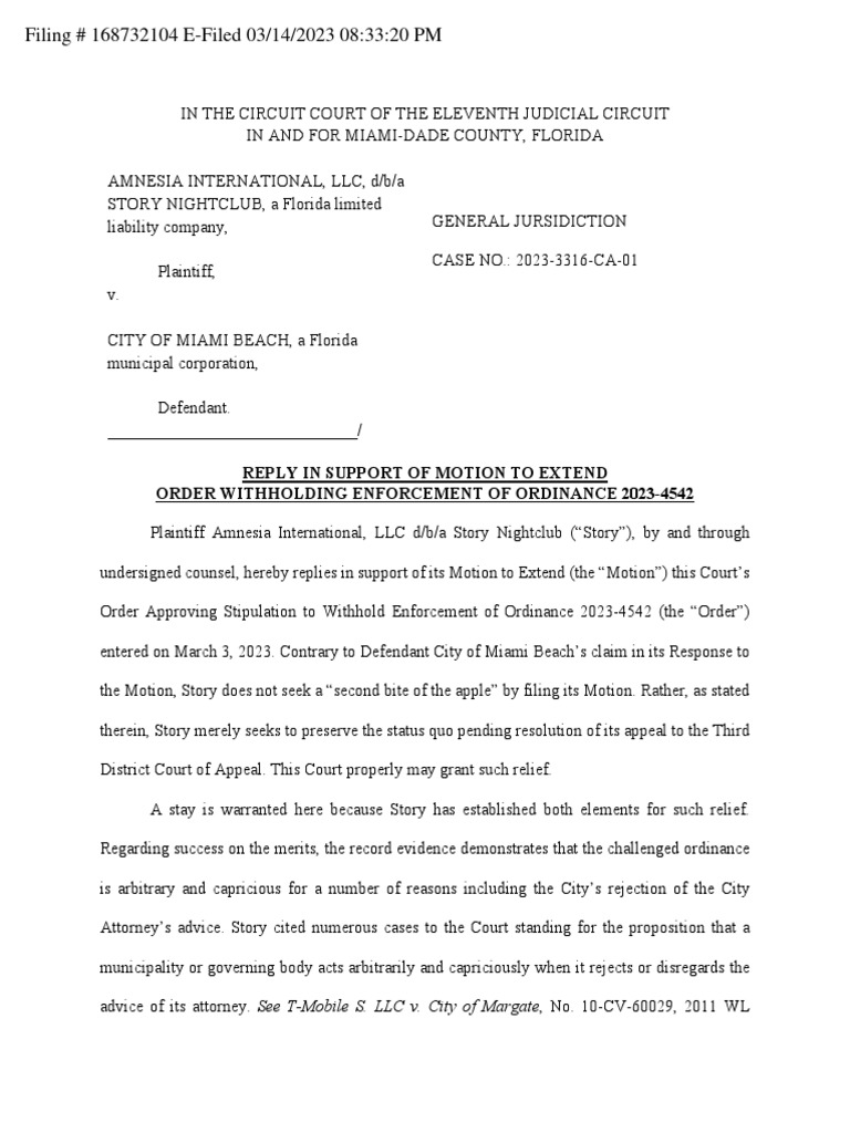 Story Reply in Support of Motion For Stay PDF Burden Of Proof (Law