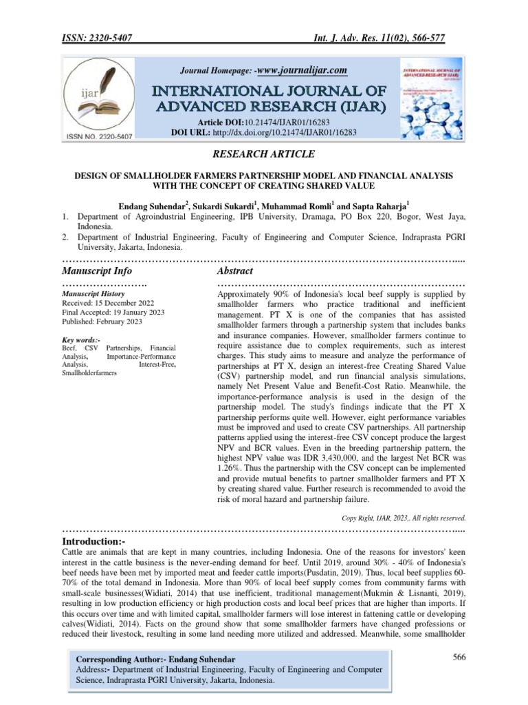 Design of smallholder farmers partnership model and financial analysis