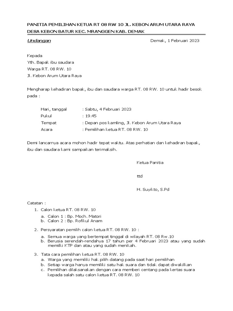 Undangan Pemilihan Ketua RT 08 | PDF