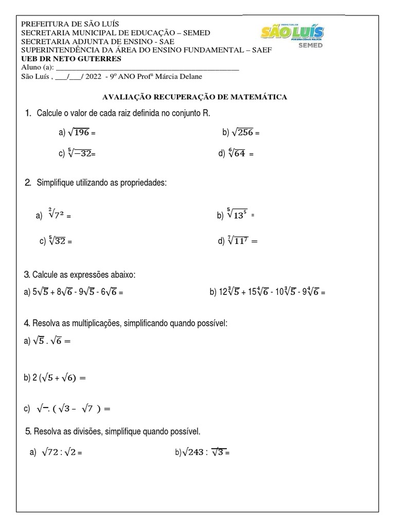 Avaliação Recuperação 9 ANO PDF