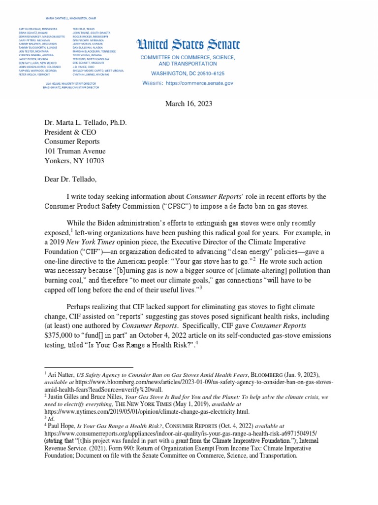 2023.03.16 Sen. Cruz Letter To Consumer Reports Re Gas Stoves PDF