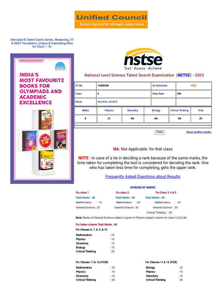 Unified Council Results NSTSE Results PDF Physics Observation