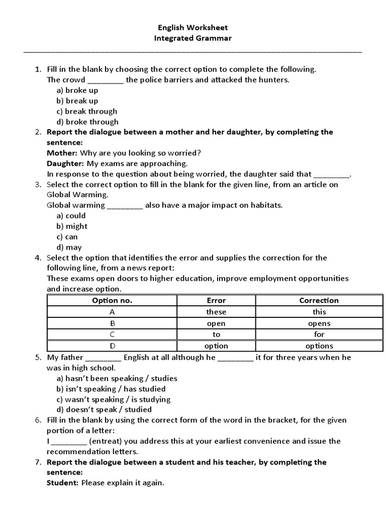 Grammar Worksheet Integrated Grammar1 PDF Question