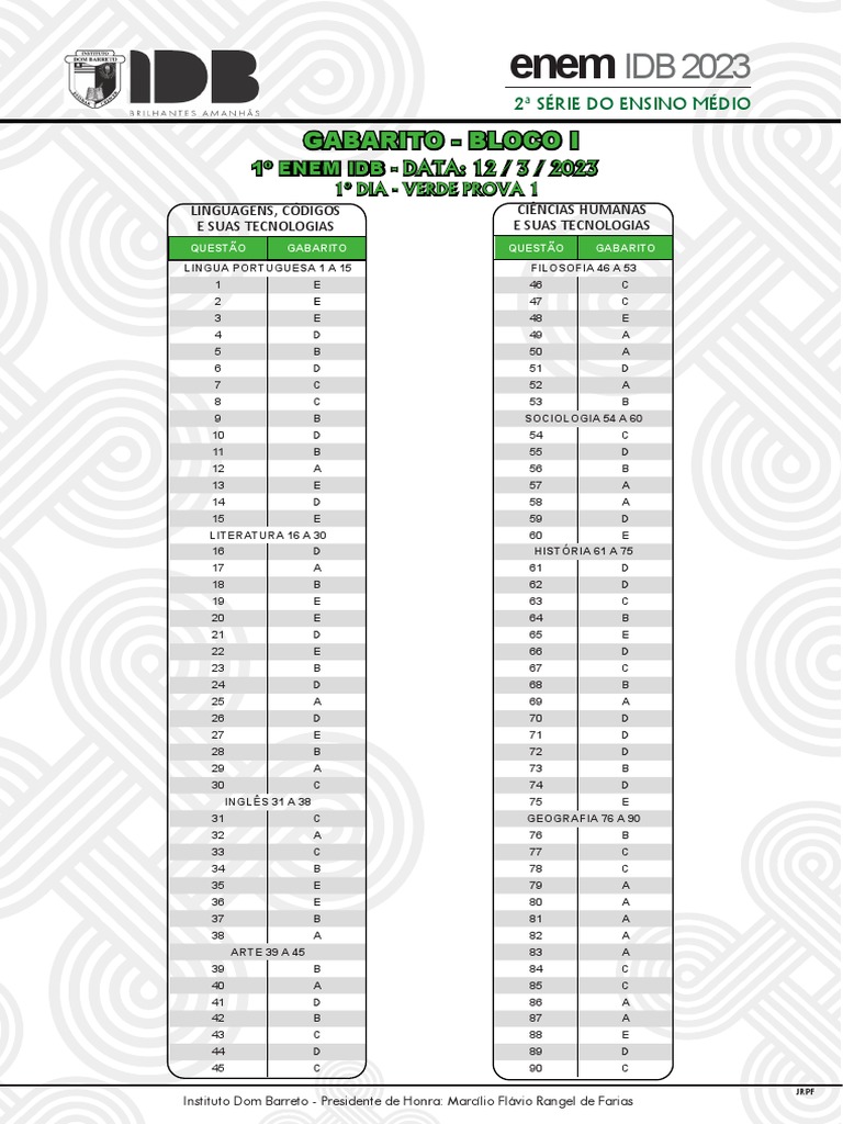 Bloco i 2 s rie gabarito 1 enem idb 1 dia verde prova 1 12 3