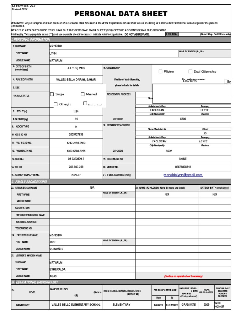 Personal Data Sheet | PDF