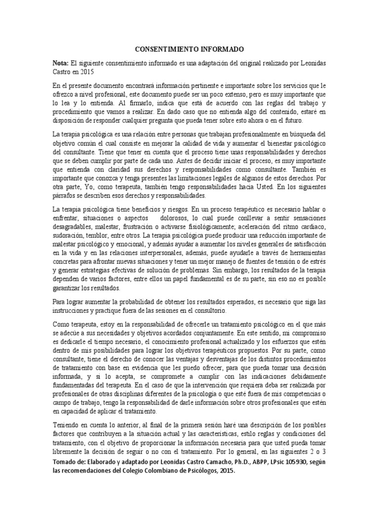 Consentimiento Informado en Psicología | PDF | Sicología ...