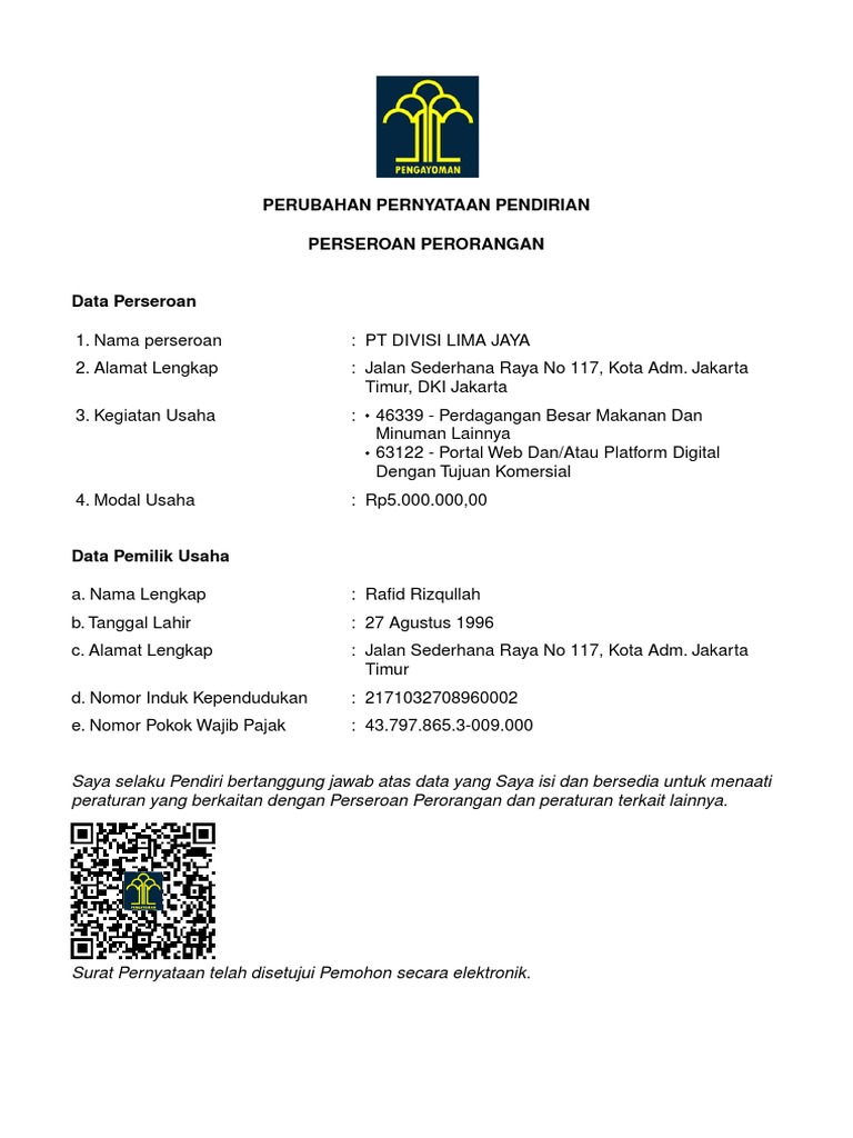Perubahan Data PT Divisi Lima Jaya | PDF