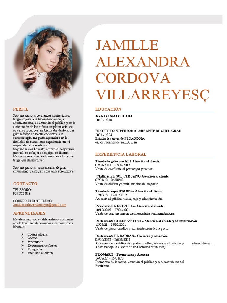 Perfil Profesional de Jamille Cordova | PDF | Cocina | Alimentos