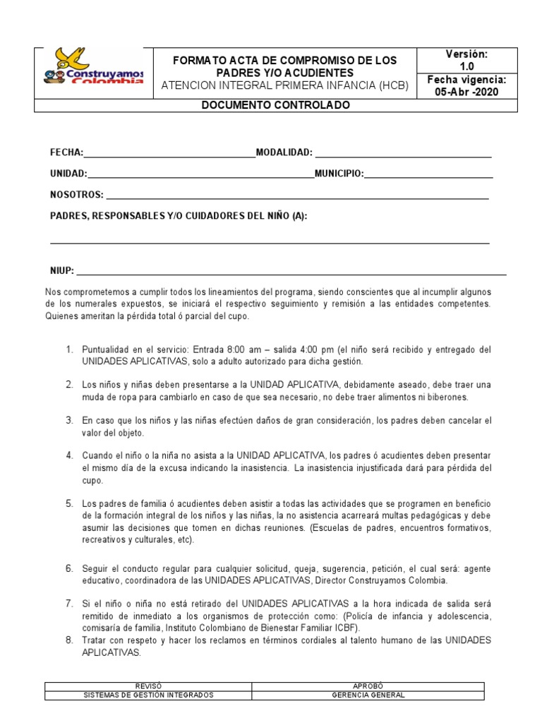 Acta de Compromiso para Acudientes | PDF | Finanzas y dinero