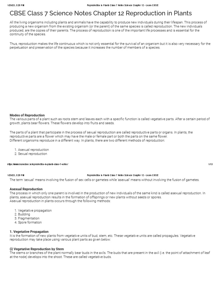Class 7 Notes on Plant Reproduction | PDF | Flowers | Reproduction