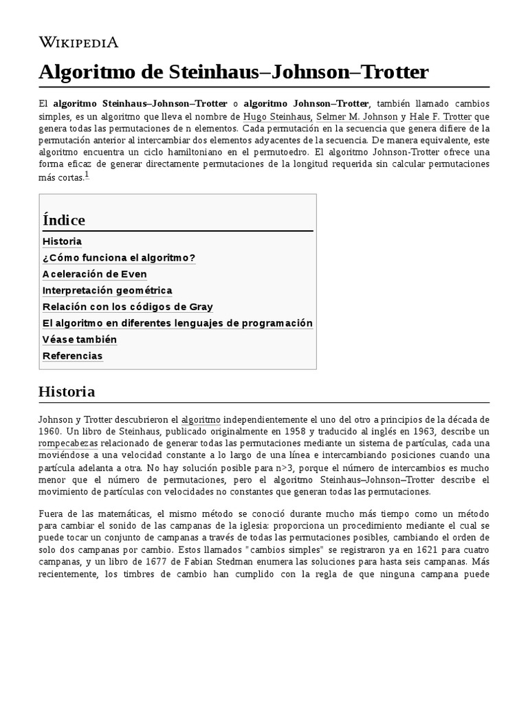 Algoritmo de SteinhausJohnsonTrotter PDF Algoritmos y Estructuras