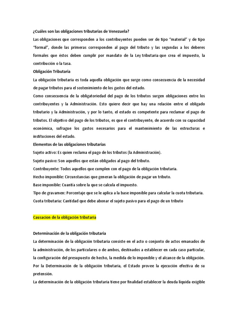 Obligaciones Tributarias en Venezuela | PDF | Pagos | Impuestos