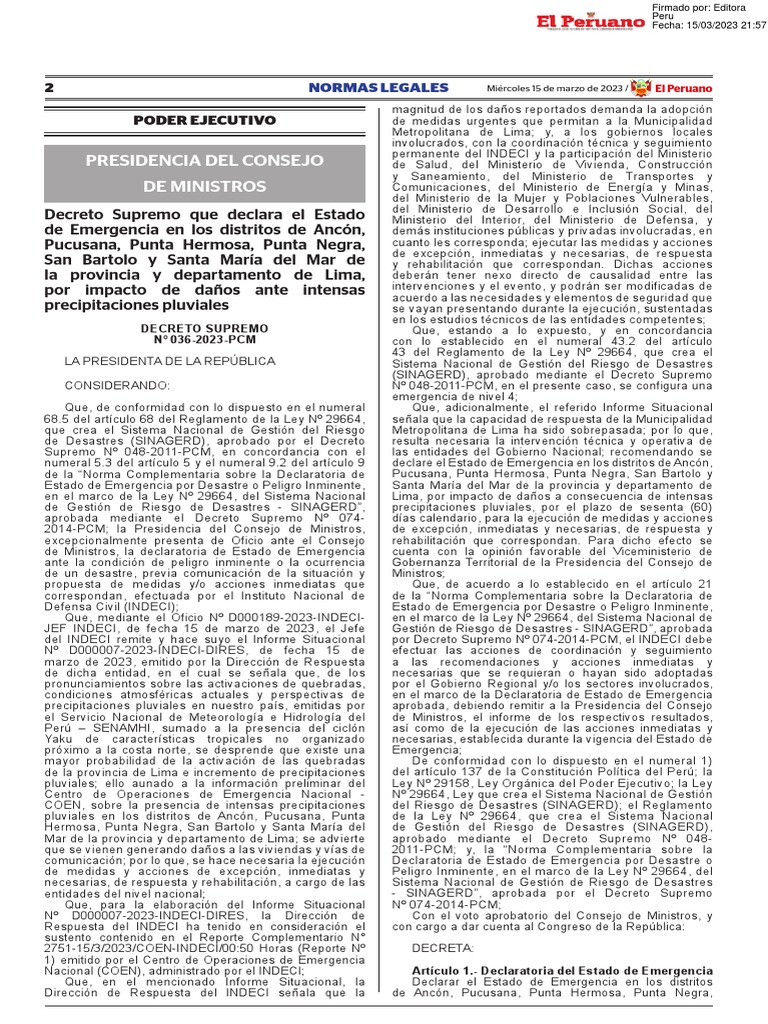 Decreto Supremo Que Declara El Estado de Emergencia en Los D Decreto ...