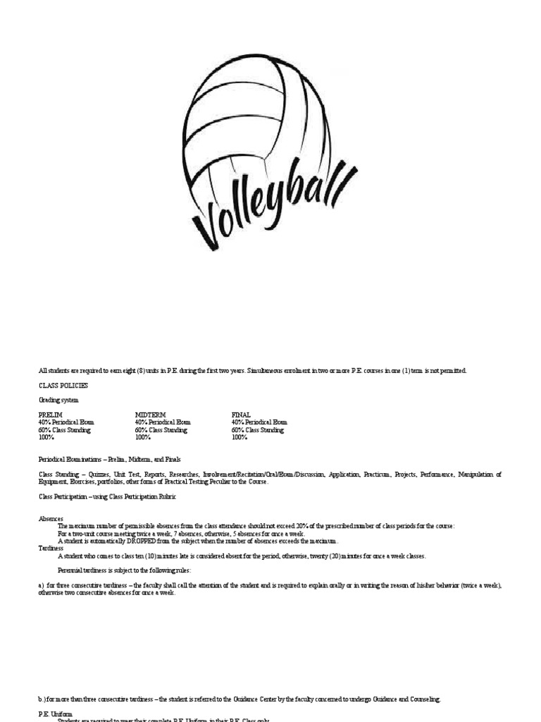 P.E. Course Policies and Requirements for Volleyball History PDF Volleyball Team Sports