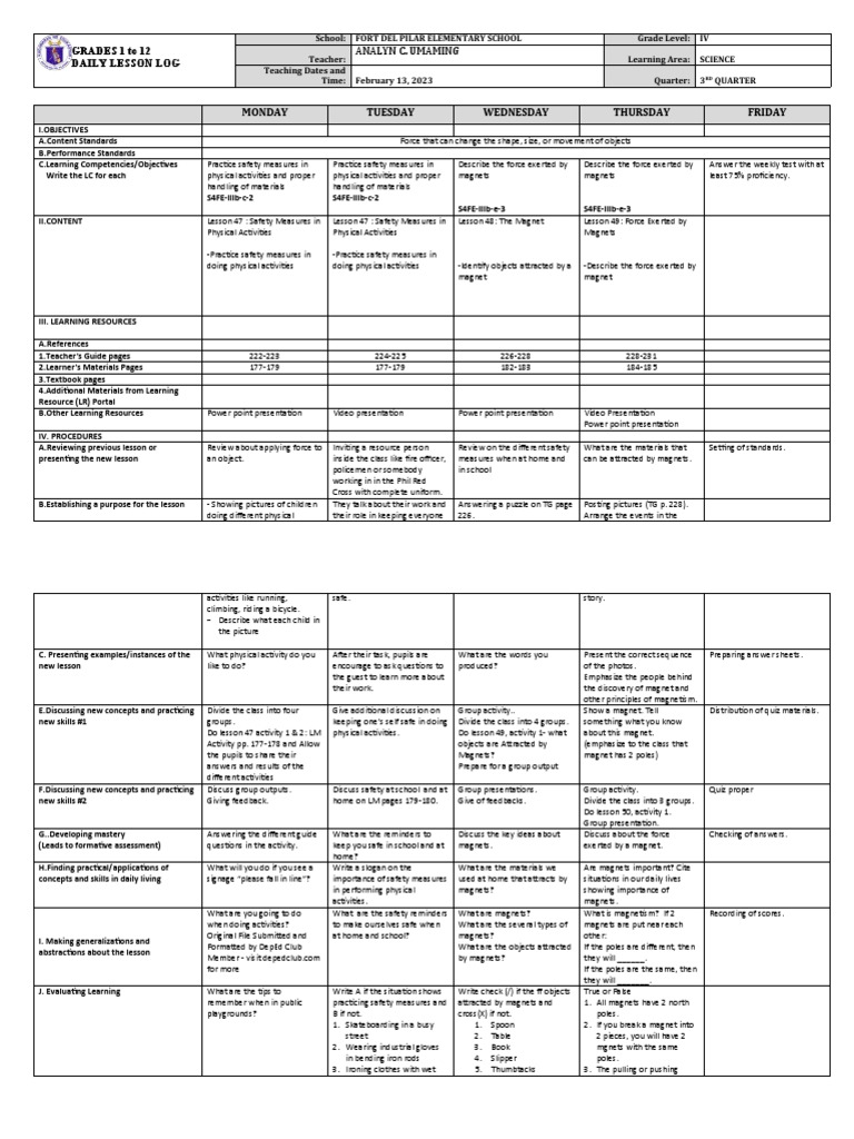 Grade 4 Science Daily Lesson Log | PDF | Magnet | Force