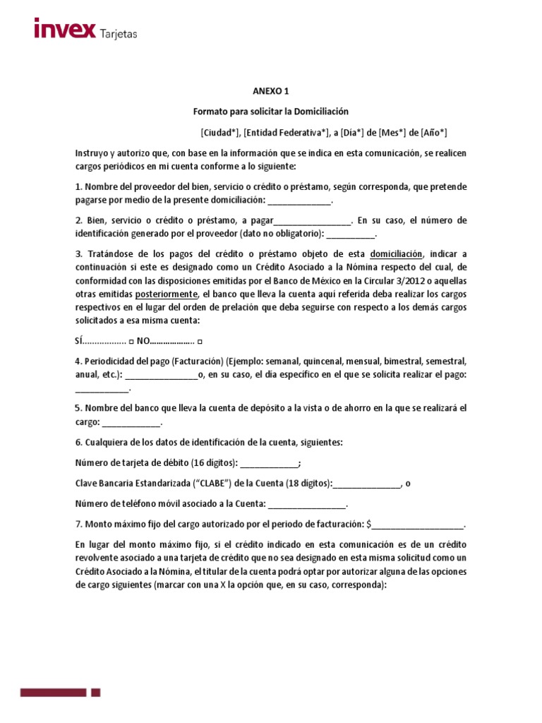 Formato para Solicitar La Domiciliacion | PDF | Tarjeta de crédito ...