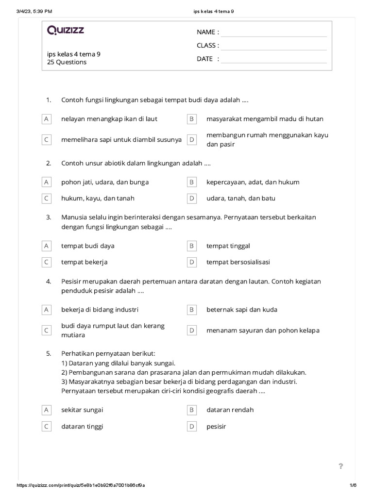 Kuis IPS Kelas 4 Tema 9: Lingkungan dan Ekonomi | PDF