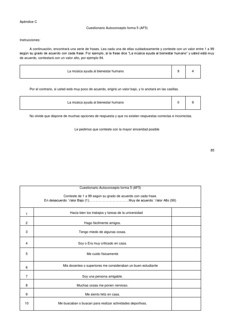 Cuestionario Autoconcepto AF5 | PDF