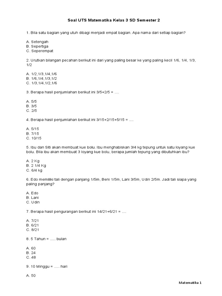 Soal UTS Matematika Kelas 3 Semester 2 | PDF | Metode & Bahan Ajar