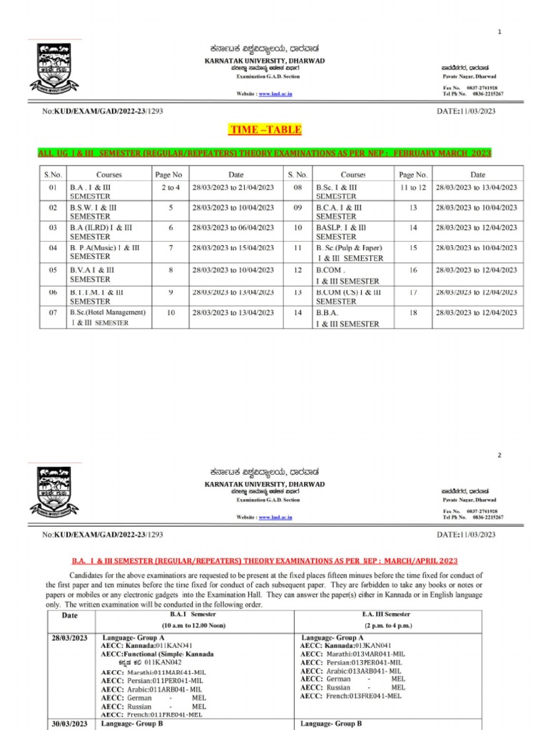 All UG 1 & 3 Semester NEP Exam Time Table March-April - 2023 Comp | PDF