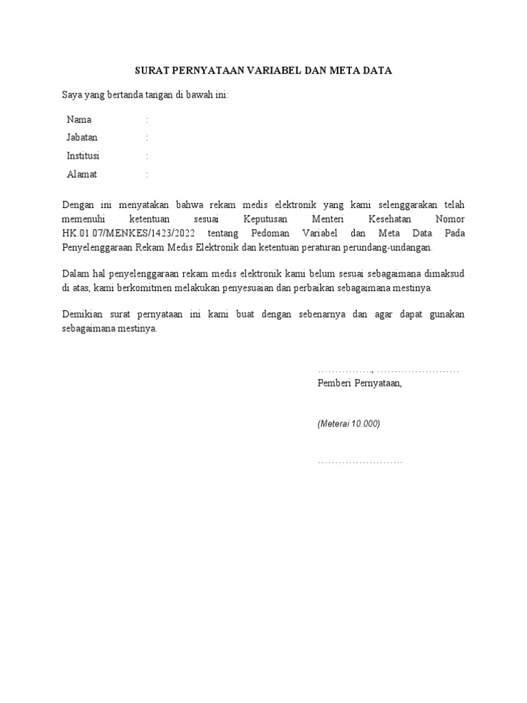 Deklarasi Kepatuhan Variabel Dan Metadata Rekam Medis Elektronik Pdf