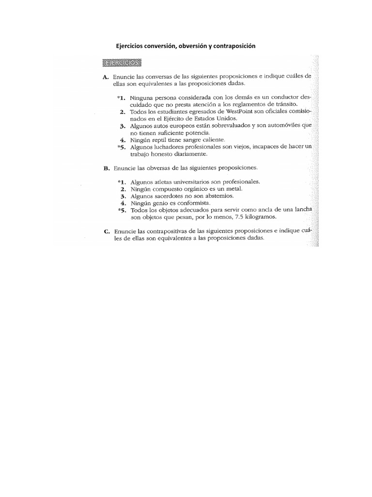 Ejercicios Conversión, Obversión y Contraposición (Lógica) PDF