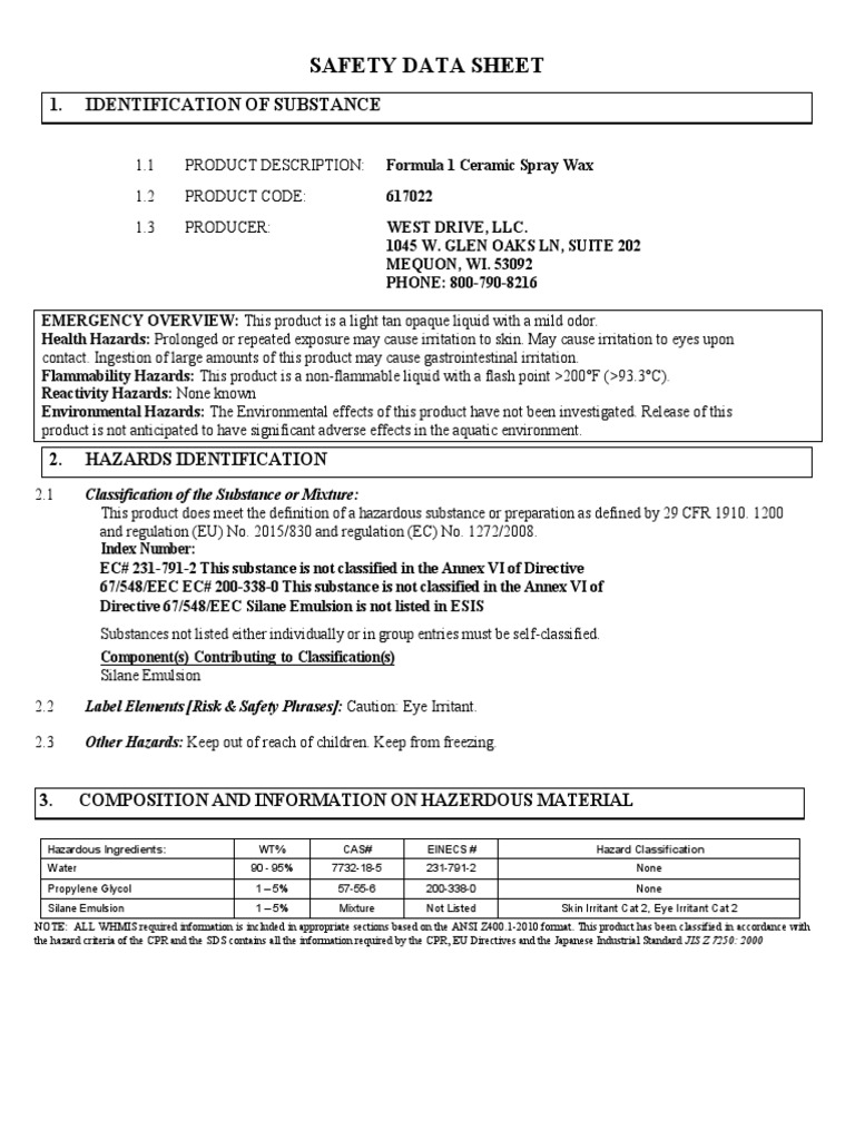 Ceramic Spray PDF Dangerous Goods Toxicity
