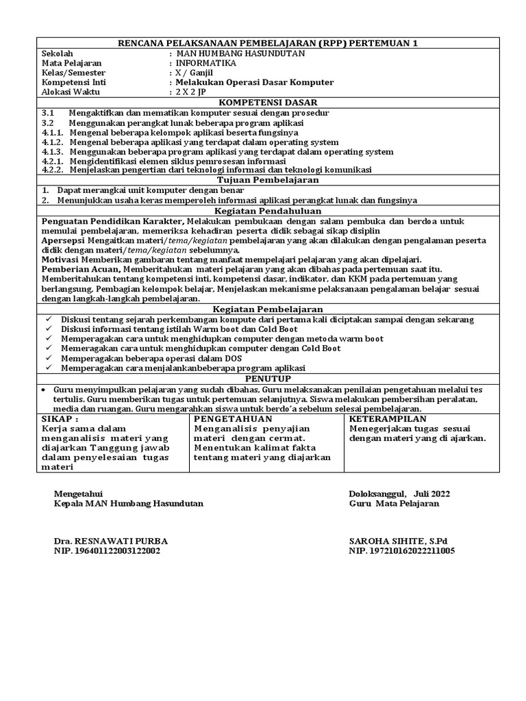 RPP Informatika Kelas 10 Ganjil | PDF