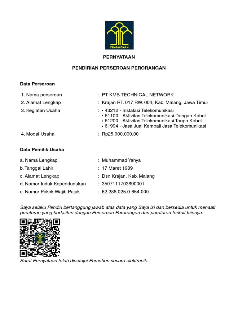 Pernyataan Pendirian PT Perorangan KMB | PDF